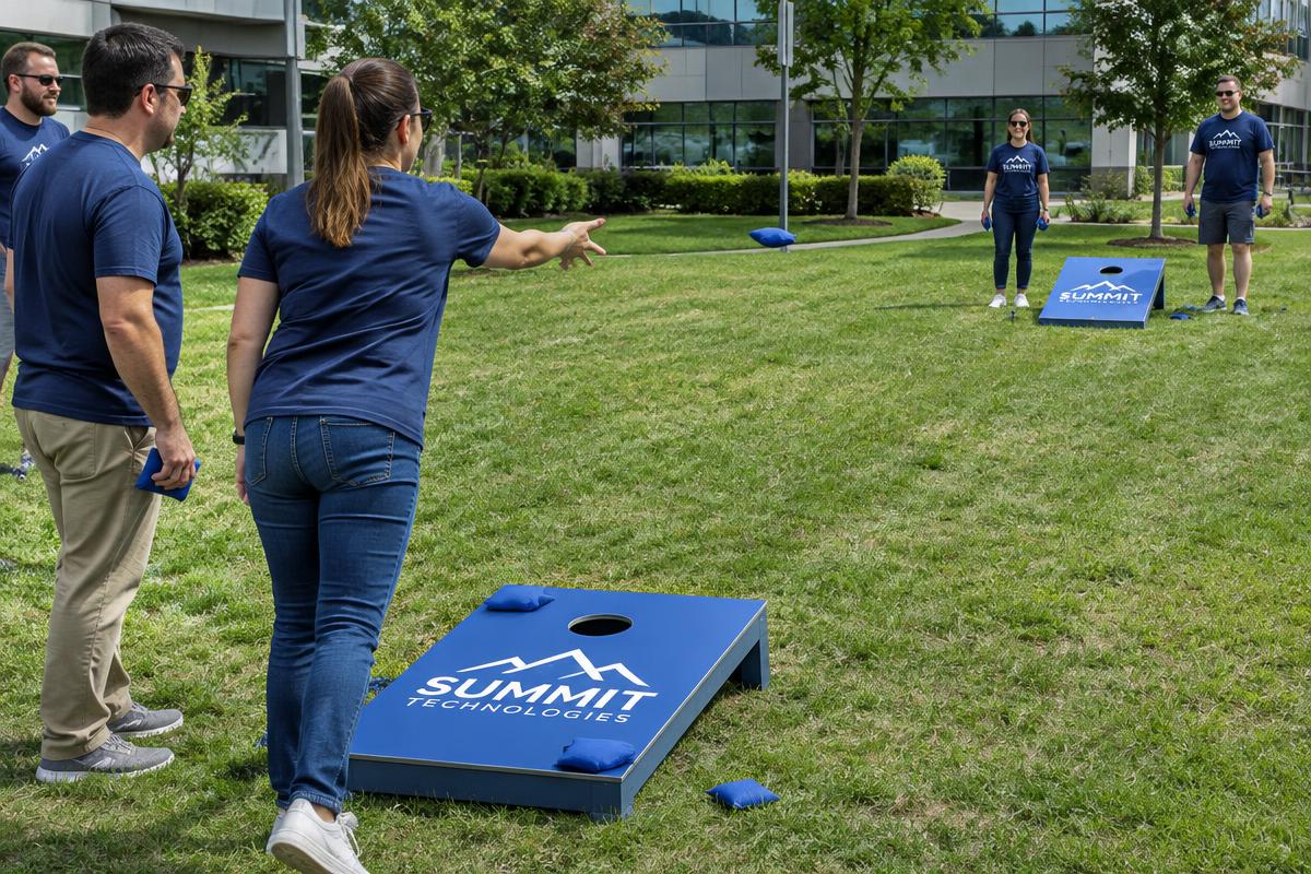 Coworkers playing cornhole at a company picnic