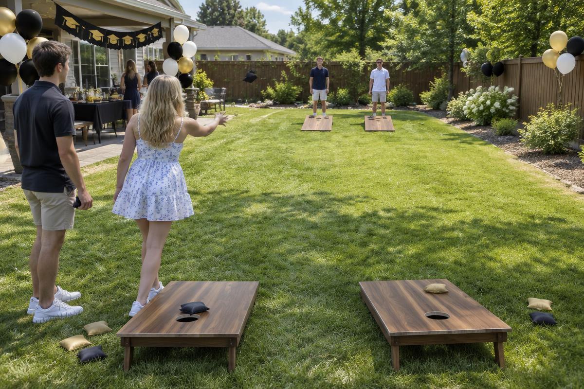 Graduate and family enjoying backyard cornhole