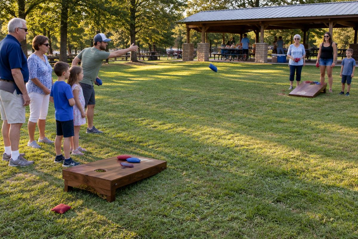 Three generations enjoying cornhole at a park reunion