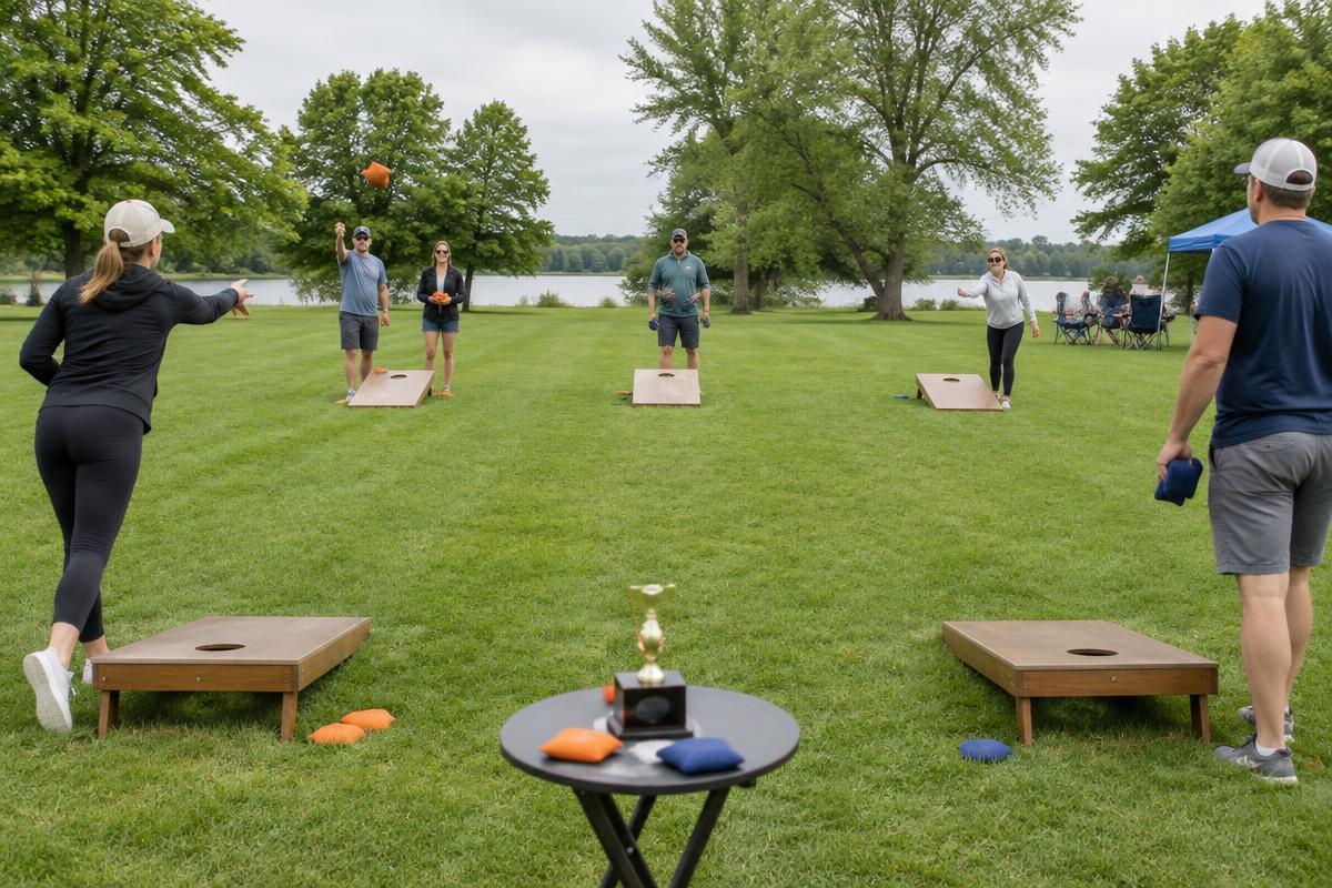 Several cornhole lanes at a casual park tournament