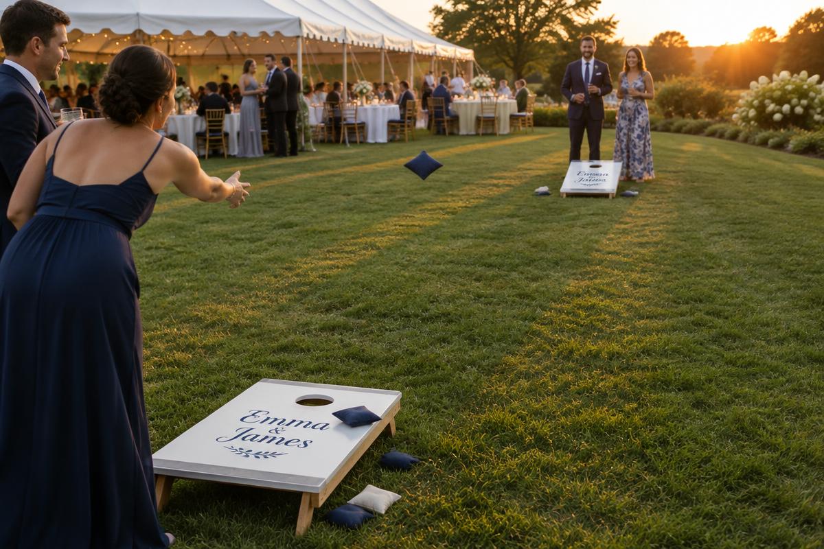 Wedding guests playing cornhole during an outdoor cocktail hour