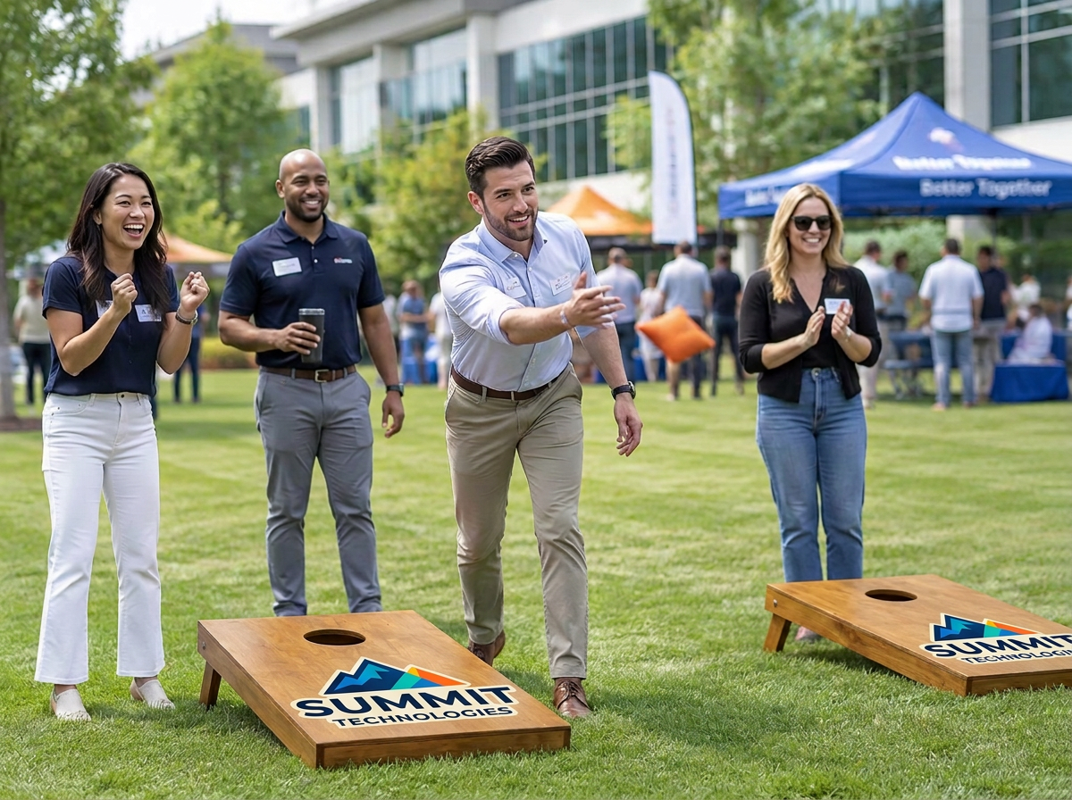 Custom branded cornhole boards at a company event