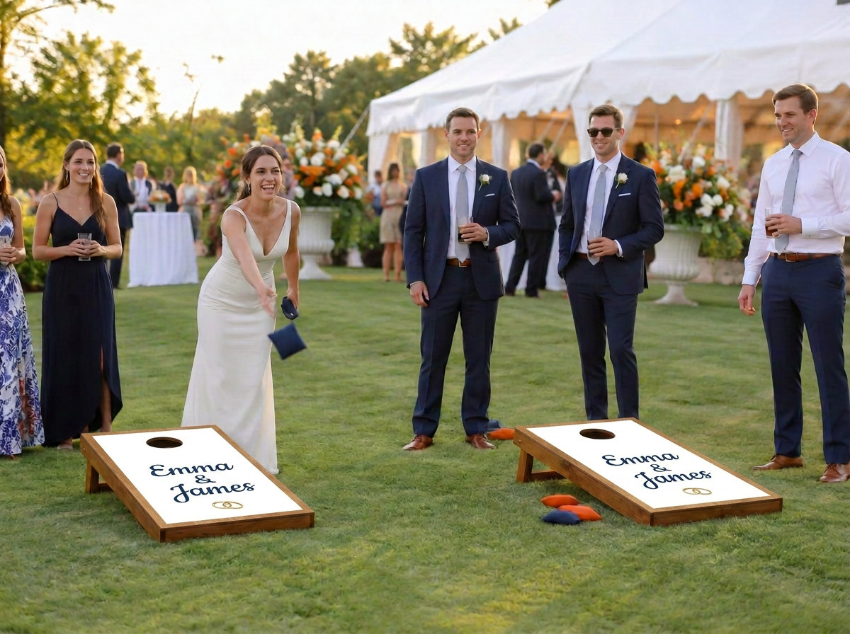 Wedding guests playing on wood-framed boards with clean white panels personalized with Emma and James