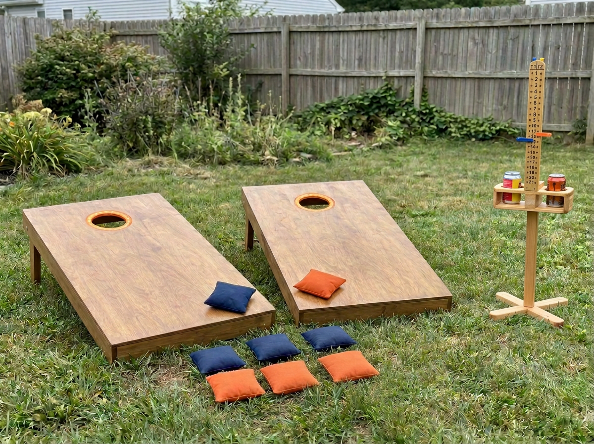Premium cornhole boards with hole lights and a freestanding scoreboard with integrated drink holders
